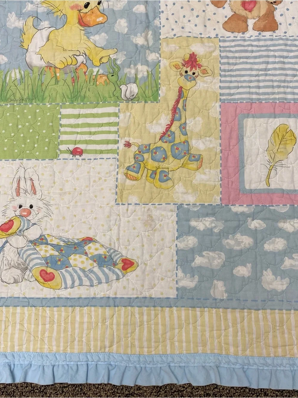 Vintage 1980s Whimsical Pastel Baby Crib Quilt - Duck Bear Giraffe Bunny
